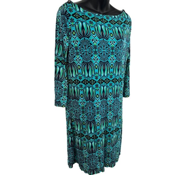 Tory Burch Shift Blue Green Geometric Silk Dress Medium M 3/4 Sleeve Stretch - Picture 3 of 10